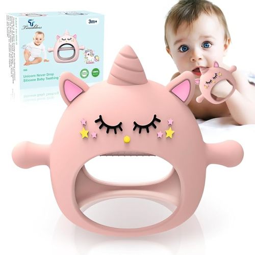 Teething Toys for Babies 6-12 Months, Tinabless Unicorn Never Drop Silicone Teether Designed for Babies 0-6 Months, Car Seat Toy for New Born, Natural Organic Baby Teether for Boys&Girls, Pink