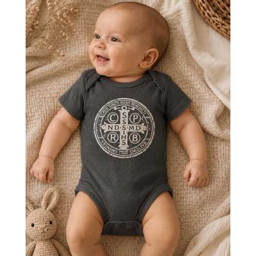 Saint Benedict Medal Baby Bodysuit, Catholic Infant Outfit, Religious Faith Clothes, Baptism Outfit