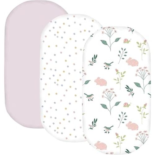 Little Grape Land Bassinet Sheets for Baby Girls 3 Pack, 33"x 18" Extra Soft Microfiber Bassinet Sheet Universal for Oval Rectangle and Hourglass Bassinet Mattress(Bunny)
