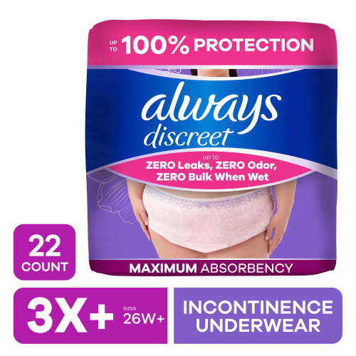 Always Discreet, Adult Diapers for Women, Maximum Incontinence and Postpartum Underwear 3X+, 22 CT