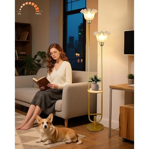 Dimmable Flower Floor Lamps with Table, 2-Lights Dimmable Floral Floor Lamp, 3000K Warmwhite Candle Holder Style Modern Floor Lamp, Rustic Gold Standing Lamp for Living Room Bedroom