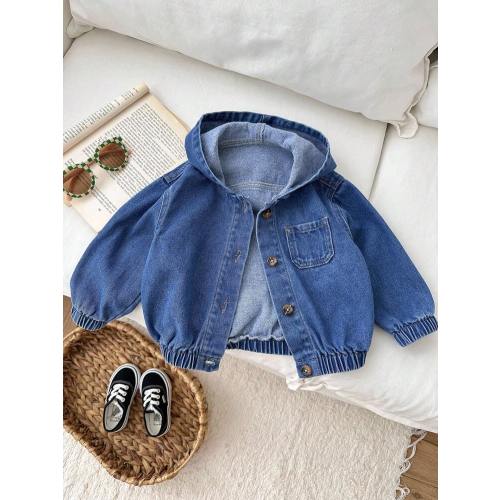 SHEIN Baby Girls' Blue Denim Hooded Long Sleeve Jacket, Toddler Denim Jacket, Hooded Baby Denim Jacket, Baby Girl Denim Jacket, Denim Baby Outfit | SHEIN USA