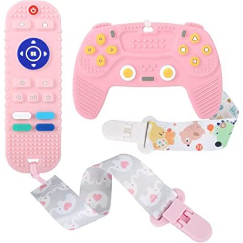 Remote Teether for Baby, 2Pcs Silicone Teething Toys for Infant Toddler 0-12 Months, Game Control Chew Gel Gifts for Newborn Kids/Boy/Girl, BPA Free Freezable Relief Molars Gums Pain