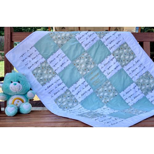 Handmade Baby Quilt, Twinkle Twinkle Little Star Embroidery, Sea Mist Blue Nursery