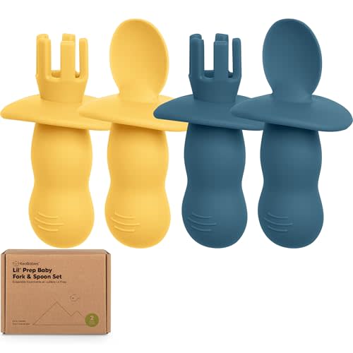 KeaBabies 4-Pack Silicone Baby Spoons and Forks Set - Baby Led Weaning Utensils 6-12 Months, Self Feeding Toddler Spoon & Fork for Training, Teething, Easy to Hold, BPA-Free Silicone (Valiant)