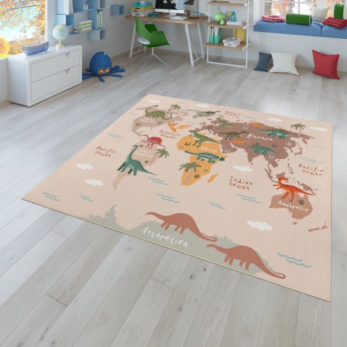 Kids Rug Play Mat with World Map & Dinosaurs in Beige