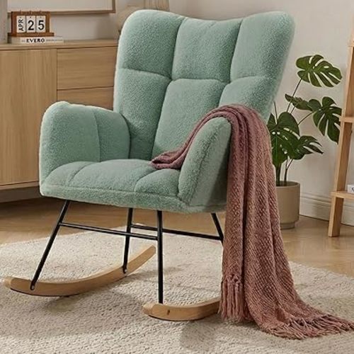 Nursery Rocking Chair, Teddy Upholstered Glider Chair with Thick Cushion, Tufted Gliding Rocker Chair with Wood Leg, Cozy Rocking Armchair, Accent Rocking Chair for Living Room (Olive Green)