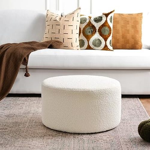 KINWELL Modern Round Boucle Upholstered Ottoman with Soft Padded Seat, Multi-Functional Sofa Footrest, Side Table, Extra Seating for Living Room, Bedroom, Entryway (24" D x 24" W x 13" H)