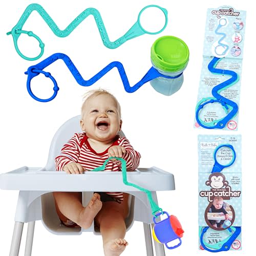 Brilli Baby Cup Catcher Patented Safety Tether Strap, Attach Sippy Cups, Bottles, Pacifiers & More to Stroller, High Chair, Car Seat, Made in USA, Food Grade, Dishwasher Safe, Aqua/Navy
