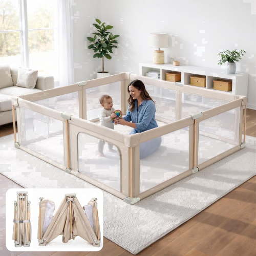 PRVAETU 71"x59"x27" Foldable Baby Playpen with Mat, Play Yard Fence for Babies Boys Girls Toddlers, Large Playard W/ 300D Fabric for Infant and Kids,Khaki