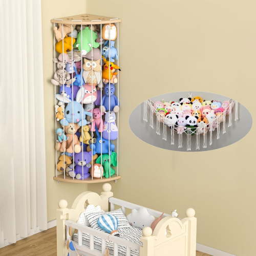 Stuffed Animal Storage, Wood Corner Plush Toys Holder with Stuffed Animals Net Hammock, Length Adjustable Hanging Stuffed Animal Toy Organizer Shelf for Nursery Play Room Bedroom Kid Room