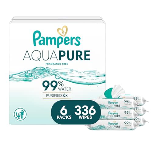 Pampers Aqua Pure Baby Wipes, 99% Water, Fragrance Free, 336 Baby Wipes Total (6X Flip-Top Packs) [Packaging May Vary]