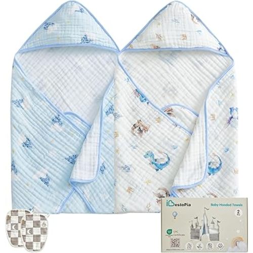 Hooded Baby Bath Towels 2 Pack 32x32 Inch, 100% Cotton Soft & Highly Absorbent, Blue Castle & Baby Dragon Design, Baby Towel Set with Wash Mitts, Gentle for Newborn, Infant & Toddler