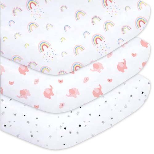 Little Grape Land Crib Sheets for Baby Girls 3 Pack, 28"x 52" Extra Soft Microfiber Crib Sheet Set for Standard Crib & Toddler Mattress Pad, Rainbow & Elephant & Stars