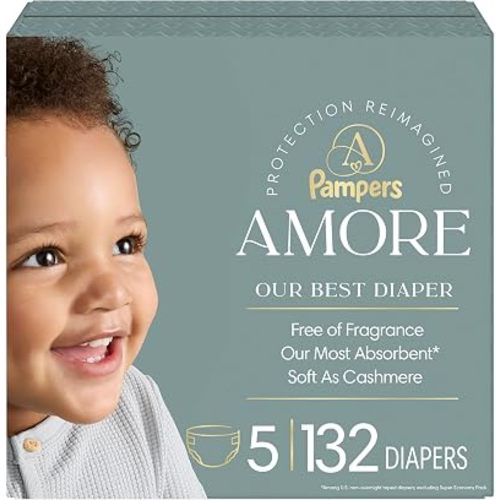 Pampers Amore, Size 5 (20-37 lbs), 132 Count, Our Best Diaper – Hypoallergenic & Fragrance Free, Up to 100% Leakproof, Soft as Cashmere