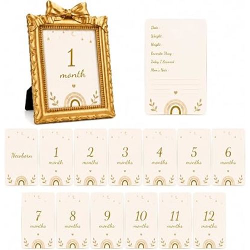 Baby Monthly Milestone Photo Frame Set, Gold Resin Frame with Monthly Cards