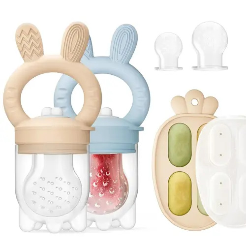 2 Packs Baby Fruit Feeder & Freezer Nibble Tray Combo, Push Pop Baby Food Feeder to Safely Introduce New Foods, Fresh & Frozen Food Silicone Feeder, 100% Food Grade, BPA Free (Caramel & Blue)