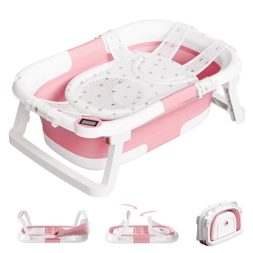 Tumajup Collapsible Baby Bathtub with Soft Bath Cushion&Thermometer Gray