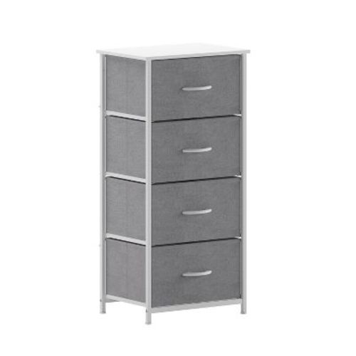 Emma and Oliver 4 Drawer Storage Dresser with White Cast Iron Frame, White Wood Top and Gray Easy Pull Fabric Drawers with White Wooden Handles