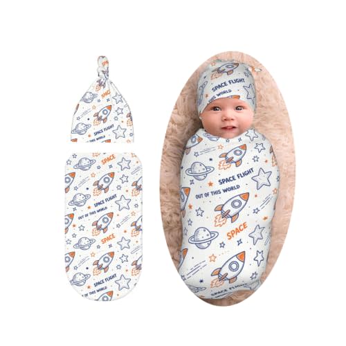 Space Swaddle Blanket with Beanie Set, Soft and Stretchy Cartoon Rocket Receiving Blanket for Boy and Girl