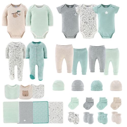 The Peanutshell Restful Basics Newborn Layette Set for Baby Boys and Girls, 30-Pieces, Green/Grey, 0-3 Months