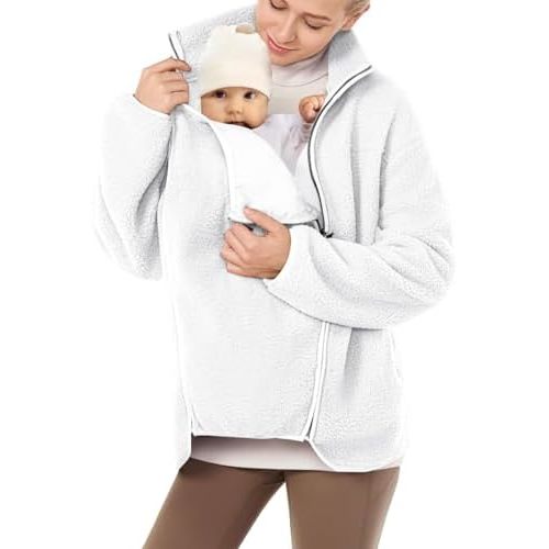 Women's Fleece Jacket with Baby Carrier Pocket, Warm Maternity Coat for Mom, Zip up 2-in-1 Baby Wearing Outerwear