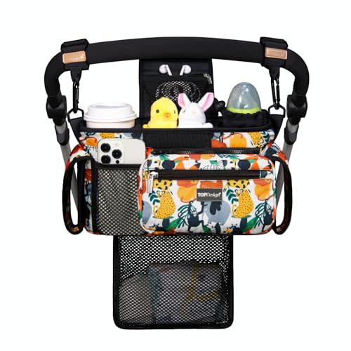 TOPDesign Universal Baby Stroller Organizer, Stroller Caddy with Detachable Mesh Bag & Heightened Insulated Cup Holders & Non-Slip Secure Hooks Accessories, Fits Most Strollers (Zoo)