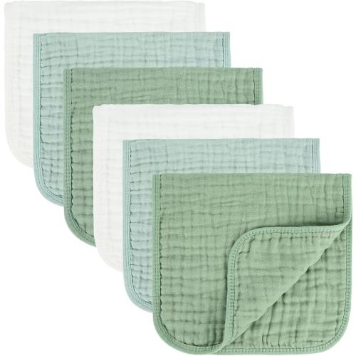 Baby Burp Cloth 100% Cotton Newborn Cotton Muslin Burp Cloth 10x20 inches (White & Green 6 Pieces)