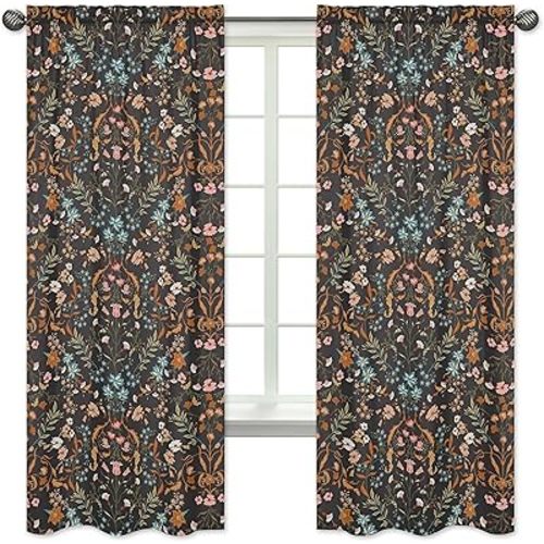 Sweet Jojo Designs Boho Wildflower Vintage Floral Girl Window Curtains Treatments Panels Baby Nursery Kids Bedroom Kitchen Room - Set of 2 - Black Orange Teal Bohemian Farmhouse Botanical Cottagecore