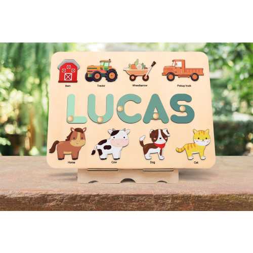 Farm Animal Name Puzzle with Pegs – Wooden Barnyard Toy for Toddlers, 1st Birthday Gift, Baby Shower or First Christmas Present