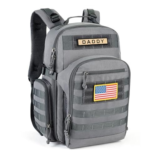 SHARKMOUTH Dad Diaper Bag Backpack - Military Baby Gear Backpacks with Daddy Patches Gray