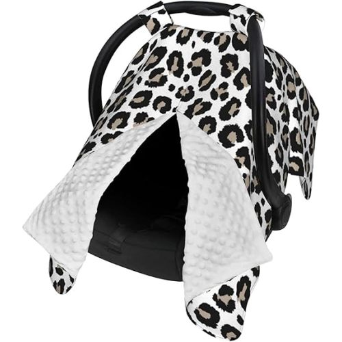 9CH Car Seat Canopy for Babies, Peekaboo Opening Minky Car Seat Cover for Baby Mom Nursing Breastfeeding Covers, Minky Blanket for Infant Toddler (Leopard)