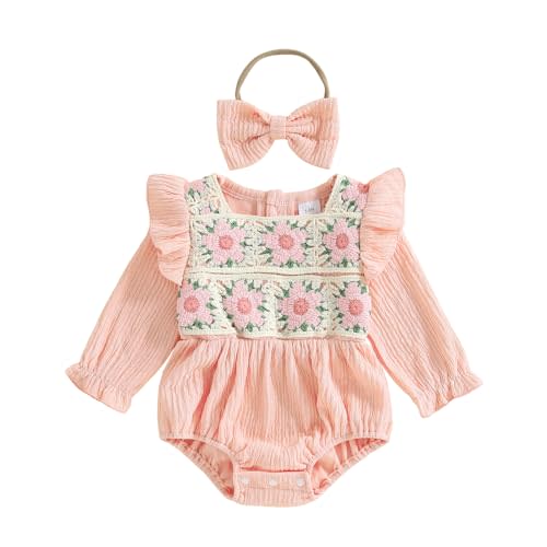 Baby Girl Crochet Flower Romper Ruffled Sleeve Smocked Bubble Romper Bodysuit Clothes Bow Headband Newborn Fall Outfit