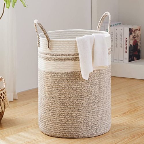 72L Large Woven Laundry Hamper by Fiona's magic, Tall Cotton Rope Storage Basket, Jute Baby Nursery Hamper for Blankets, Toys and Clothes in Bedroom and Living Room Organizing, Brown & White