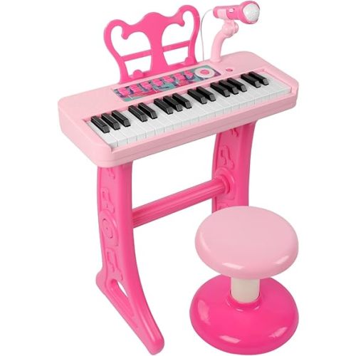 37 Keys Piano Keyboard Toy for Kids | Toys for 3-5 Year Old Girls Birthday Gift | Pink Musical Piano Toy for Toddlers with Microphone and Stool