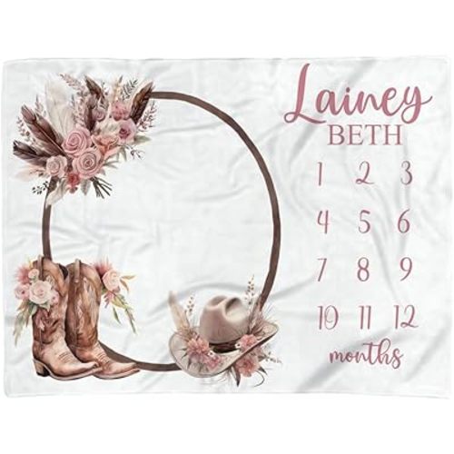 Baby Girl Western Boho Milestone Blanket, Personalized Cowgirl Hat Boots, Floral Cowgirl Milestone Blanket, Baby Blankets, Girl Month Photo Blankets, 30"x40"