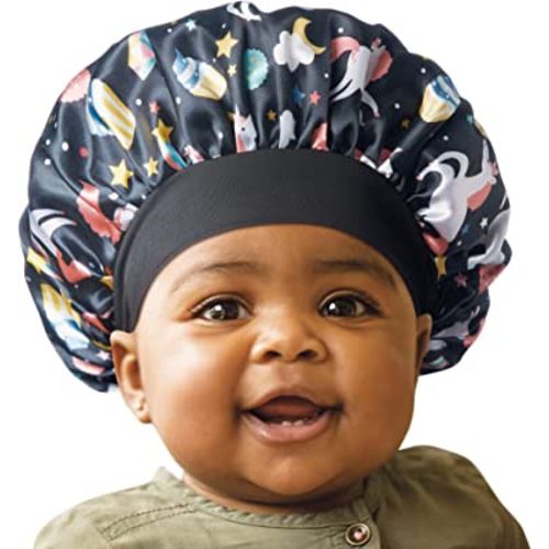 Red by Kiss Baby Satin Bonnet Sleep Cap for Infants, Soft, Stretchy, and Safe, Protects Baby Hair from Frizz & Breakage, Friction Bald Spots (Unicorn/Cupcake, 6-18M)