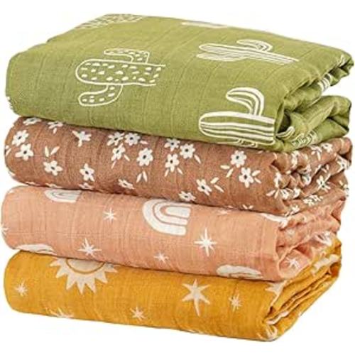 4 Set Muslin Swaddle Blankets for Newborn Baby Boys, Girls,Receiving Blankets-Cute Soft Print Baby Towel Wrap 120x110cm Baby(Cactus)