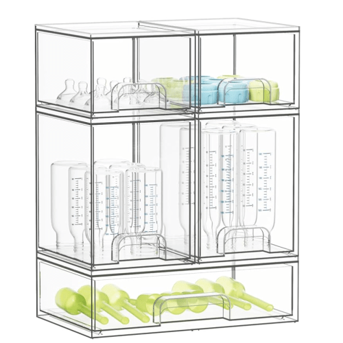 SpaceAid Bottle Storage Organizer Baby - Acrylic Bottles Station Organizer Container, Stackable Clear Drawers for Countertop, Vanity, Bathroom, Cabinet, Pantry Organization, 5 Pack, 2S2M1L, 15.4" H
