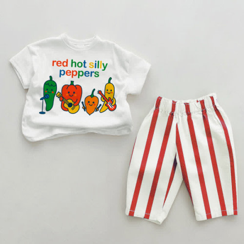 RED HOT SILLY PEPPERS Baby Green/Red Vertical Striped 2-piece Set