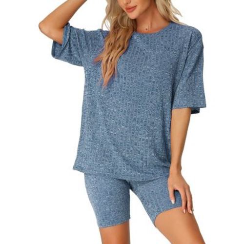 INSPIRE CHIC Women's 2 Pcs Lounge Set Outdoor Tracksuit Short Sleeves Top with Shorts Ribbed Knit Soft Pajama Sets Large Blue