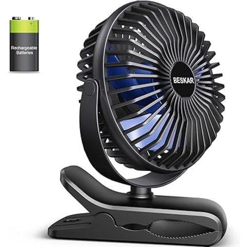 BESKAR Portable Clip on Fan Rechargeable, 4 Speeds Small Battery Operated Fans, USB Desk Fan with Strong Airflow, Sturdy Clamp Fans for Golf Cart Office Outdoor Travel Camping