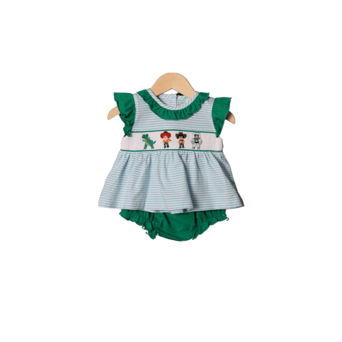 Smocked Friends Blue Stripe/Green Knit Bloomer Set