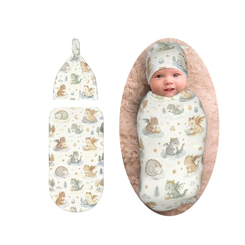 Cute Dragon Swaddle Blanket with Beanie Set, Newborn Dragon Themed Baby Blanket Infant Shower Gift for Boys Girls