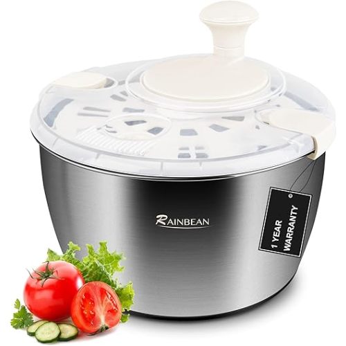 RAINBEAN Salad Spinner Stainless Steel Large, Multi-Use Lettuce Spinner Wash Spin and Dry Fruits and Vegetables with Drain Bowl Colander Spinner (5 Qt)