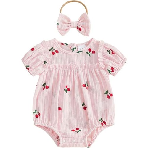 CIYCUIT Baby Girl Cherry Romper Outfit with Headband Newborn Infant Summer Short Sleeve Bubble Bodysuit Clothes
