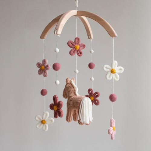 Floral horse baby mobile - Knitted Boho Farm nursery decor with Pony & Wildflowers