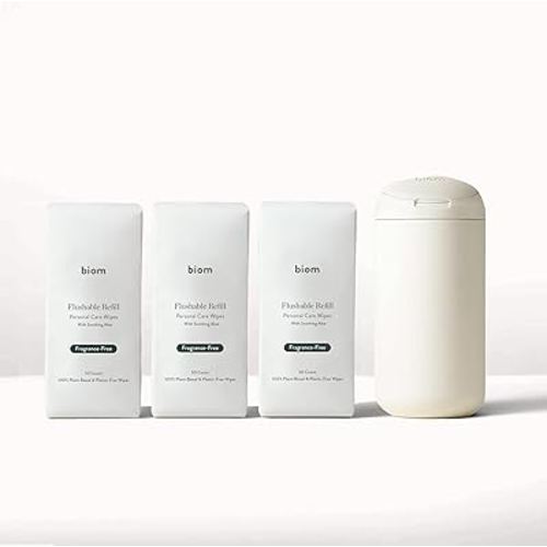 Biom Flushable Wipes Starter Kit with Refillable Dispenser | Biodegradable, Unscented Bathroom Wipes | Eco-Friendly Perfect for Home & Travel | Includes Refillable Dispenser | Wet Wipes for Adults