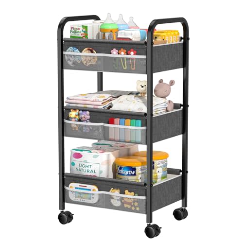 Baby Diaper Caddy Rolling Utility Cart, 3 Tier Baby Essentials Nursery Organizer and Storage with Dividers and Drawers for Crib, Bedroom, Art & Craft Organizer (Black)