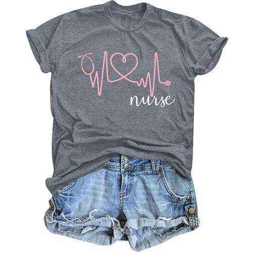 SFHFY Nurse Shirts for Women Heartbeat Shirt Nurse Letter Print Tshirt Nursing Life School Gift Cute Short Sleeve Tops